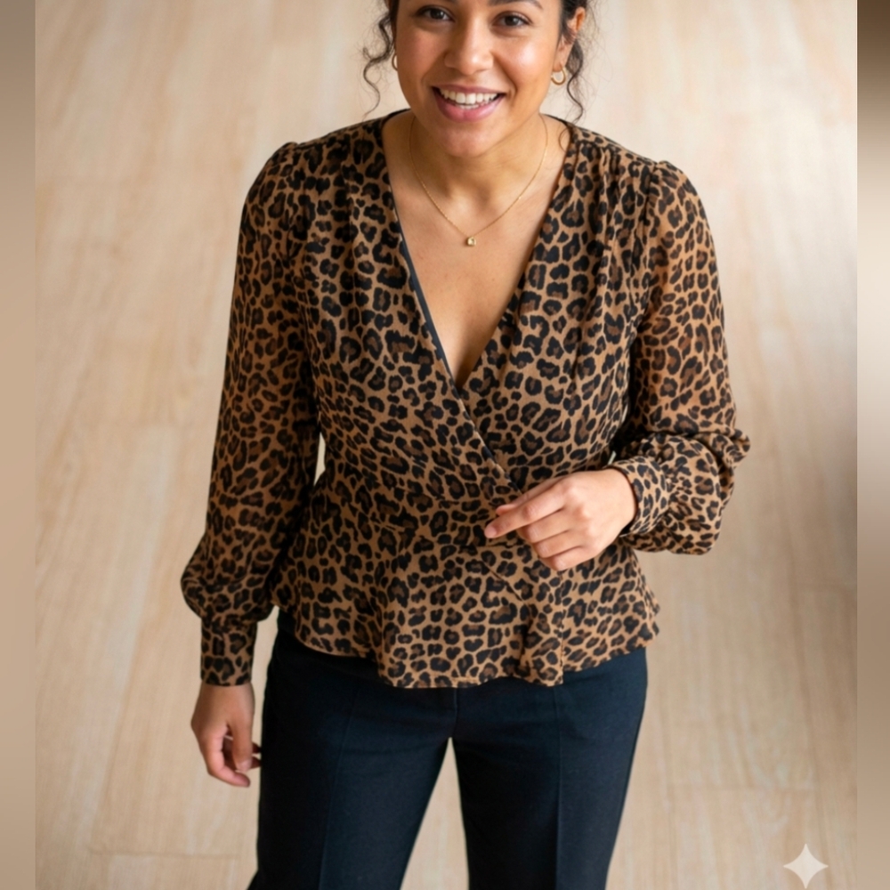 Leopard Print Wrap Blouse in Brown